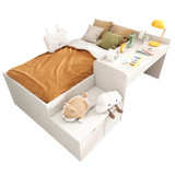 A single bed frame, desk, two storage drawers, and safety features.