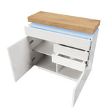 A chest of drawers with 2 doors, 3 drawers, adjustable shelves, and RGB LED lighting.