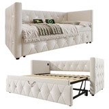 Upholstered daybed, pull-out trundle, USB and Type-C charging ports, slat support system.
