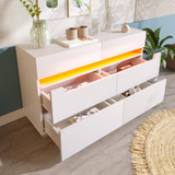 Modern 6-drawer sideboard with RGB LED lights, app-controlled.