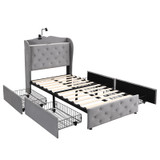 Grey velvet upholstered bed, 4 storage drawers, USB ports, table lamp.