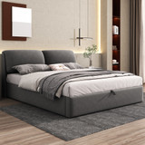 Hydraulic upholstered bed with storage drawers and adjustable headboard.