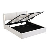Upholstered bed, hydraulic mechanism, USB ports, LED lighting, adjustable headboard.