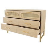 Faux woven rattan, wood veneer, metal handles, MDF, chipboard.