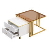 The set includes two nesting coffee tables with marble tops and drawers.
