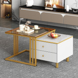 The set includes two nesting coffee tables with marble tops and drawers.