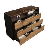 6 drawers, 2 open shelves, amber glass top, and eco-friendly chipboard body.