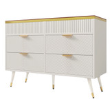 The product includes a 6-drawer sideboard cabinet with amber glass top and metal legs.