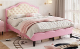 Stylish upholstered bed frame with adjustable headboard and no box spring needed.