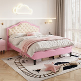 Stylish upholstered bed frame with adjustable headboard and no box spring needed.