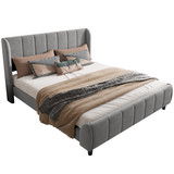 Velvet fabric, foam padding, metal frame, wooden slats.