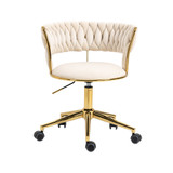 Velvet fabric, handwoven backrest, high-density foam, gold base, 5 casters.