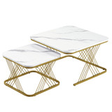 Set of 2 nesting coffee tables with marble-patterned tops and gold metal frame.