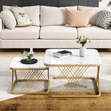 Nest of 2 elegant marble-patterned coffee tables with gold metal frame.