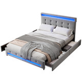The bed includes a metal frame, velvet upholstery, LED lights, and storage drawers.
