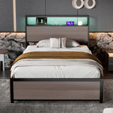 Durable Metal Bed with LED, USB Ports, and Storage Drawers，Grey