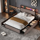 Durable metal bed with LED lights, storage drawers, and USB ports.
