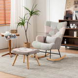 Vintage patchwork rocking chair with footrest, ergonomic design, and side storage.