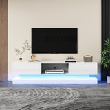 Modern LED TV stand with storage, RGB lighting, and USB power.