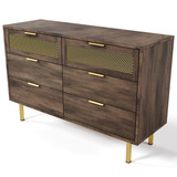 The product includes a sideboard cabinet with 6 drawers, metal handles, and elevated metal feet.