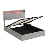 The product includes a bed frame, hydraulic storage, Bluetooth stereo, USB ports, LED lights, and side pockets.