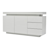 The product includes 2 doors, 3 drawers, LED lights, and a high-gloss board.