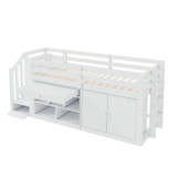 Bed frame with reversible stairs, storage, and a fold-down desk (no mattress).