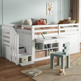A space-saving multifunctional kids' bed with built-in storage, a convertible desk, and reversible stairs — perfect for modern children's rooms.