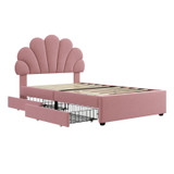 Velvet bed frame with petal headboard, 2 drawers, and wood slats (no mattress).