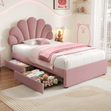 Chic velvet single bed with petal headboard and storage drawers, no box spring needed.