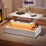 A sleek, high-gloss LED coffee table with a lift-top design and 4 drawers for smart, modern storage.