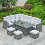 Premium 8-piece handwoven PE rattan patio set with rust-proof aluminum frame, waterproof cushions, and adjustable lift table.