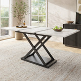 Extendable faux marble dining table with sturdy metal legs, ideal for modern spaces.