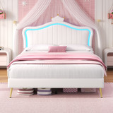 Upholstered Bed with LED Crown Headboard and PU Leather Frame