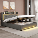 Upholstered Ottoman Bed with LED Lights, Hydraulic Storage & USB-C Ports