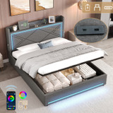 Upholstered Ottoman Bed with LED Lights, Hydraulic Storage & USB-C Ports