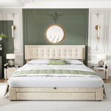 Luxury Cream Velvet King Bed with Ample Storage