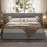 King Size Upholstered Bed with Hydraulic Storage & LED Reading Light – Grey Velvet Wide Headboard, 5ft (150×200cm)