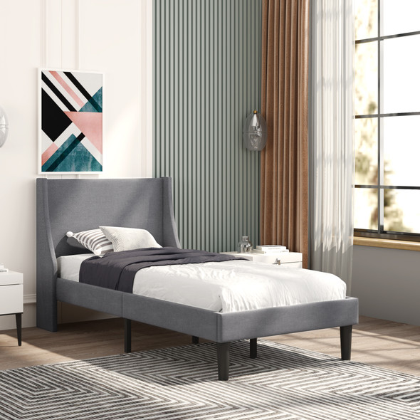 Single Bed Soft Linen Grey 3FT Upholstered Bed with Winged Headboard, Wood Slat Support