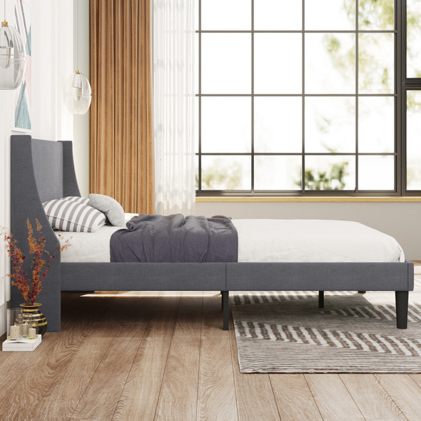 Single Bed Soft Linen Grey 3FT Upholstered Bed with Winged Headboard, Wood Slat Support