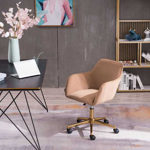 Abrihome New Velvet Fabric Material Adjustable Height Swivel Home Office Chair For Indoor Office With Gold Legs,Coffee Brown