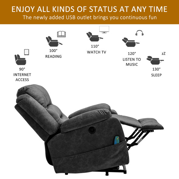 Abrihome Electric Power Lift Recliner Chair Sofa with Massage and Heat for Elderly 2 Side Pockets USB Ports Single Recliner Chairs