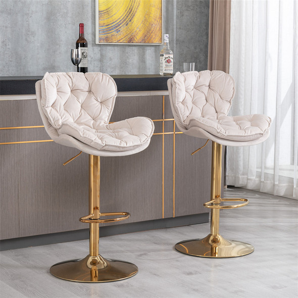 Abrihome Set of 2 Swivel Velvet Bar Stools with Double Layer Cushion for Kitchen Island, Cafe, Bar Counter, Dining Room, Beige