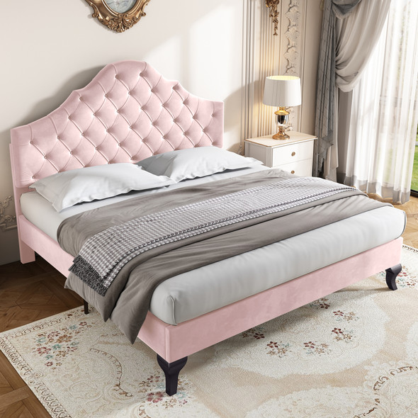Elegant velvet bed with adjustable headboard, sturdy wooden slats, and easy assembly for ultimate comfort and style.