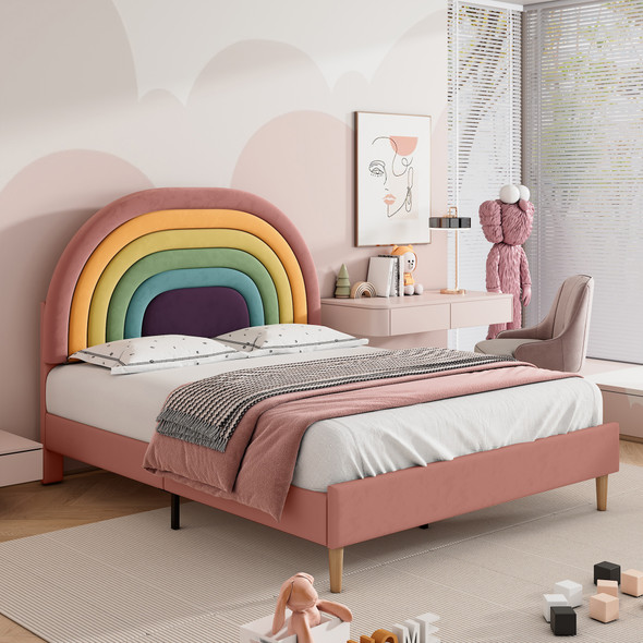 This velvet bed with a rainbow headboard combines modern design and comfort, featuring an adjustable headboard for any bedroom style.