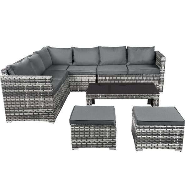 This outdoor rattan sofa set includes an 8-seat corner sofa, 2 stools, and a coffee table