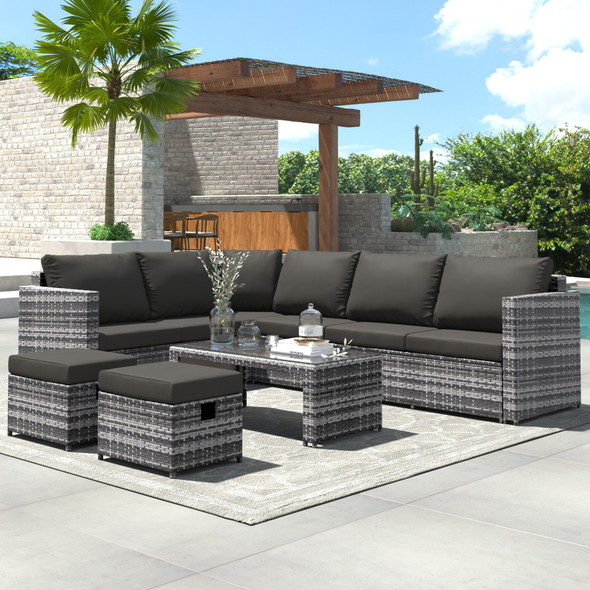 This 8-seat outdoor rattan sofa set is durable, weather-resistant, and comfortable, with stools and coffee tables for added versatility.