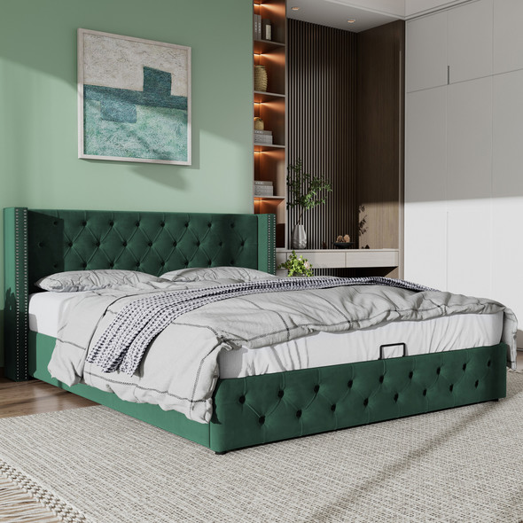 This velvet upholstered bed offers a high headboard, ample storage with hydraulic lift, and a stable, durable frame.
