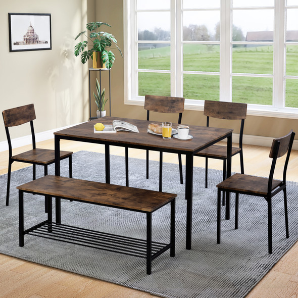 A compact 6-piece dining set with modern industrial style, featuring a table, 4 chairs, and a storage bench, ideal for small spaces.