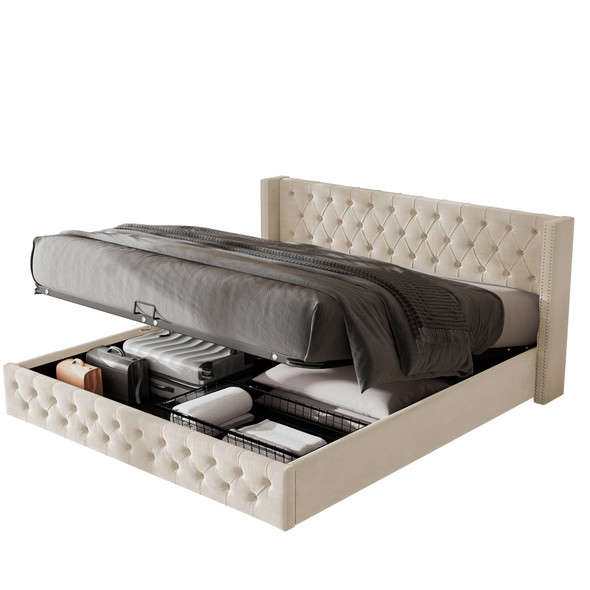 This upholstered bed features a modern design with a high headboard, stable structure, ample under-bed storage, and easy assembly, making it both functional and stylish.